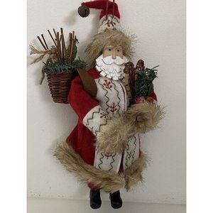 Vintage 10.5" Hanging Santa Embroidered Felt Jacket Faux Fur Toys Wood Beard EUC